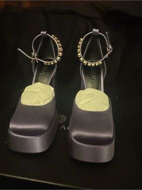 Versace Black Platform Ankle-Strap Heels with Gold Crystal Accents